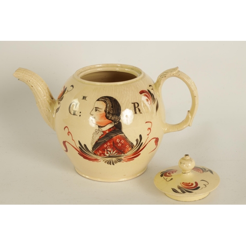 52 - AN 18TH CENTURY STAFFORDSHIRE CREAMWARE ROYAL COMMEMORATIVE GLOBULAR TEAPOT CIRCA 1770 DEPICTING BUS... 