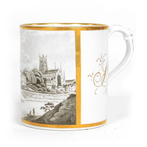 54 - AN EARLY 19TH CENTURY FLIGHT BARR AND BARR WORCESTER MUG the gilt edged body enclosing a sepia monoc... 