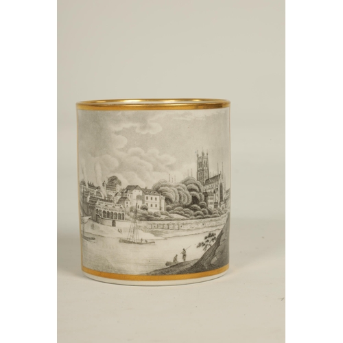 54 - AN EARLY 19TH CENTURY FLIGHT BARR AND BARR WORCESTER MUG the gilt edged body enclosing a sepia monoc... 