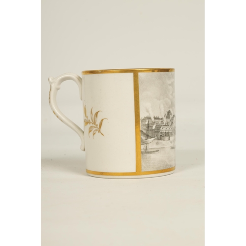 54 - AN EARLY 19TH CENTURY FLIGHT BARR AND BARR WORCESTER MUG the gilt edged body enclosing a sepia monoc... 