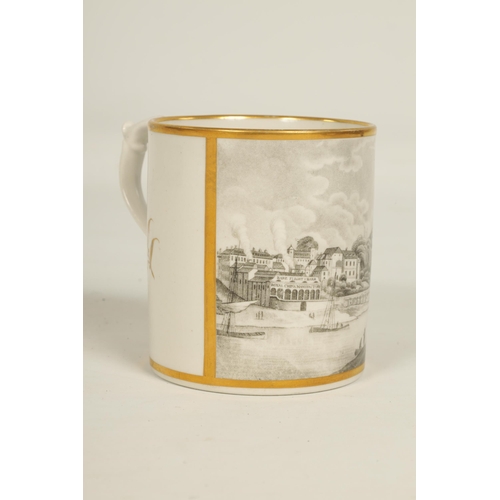 54 - AN EARLY 19TH CENTURY FLIGHT BARR AND BARR WORCESTER MUG the gilt edged body enclosing a sepia monoc... 