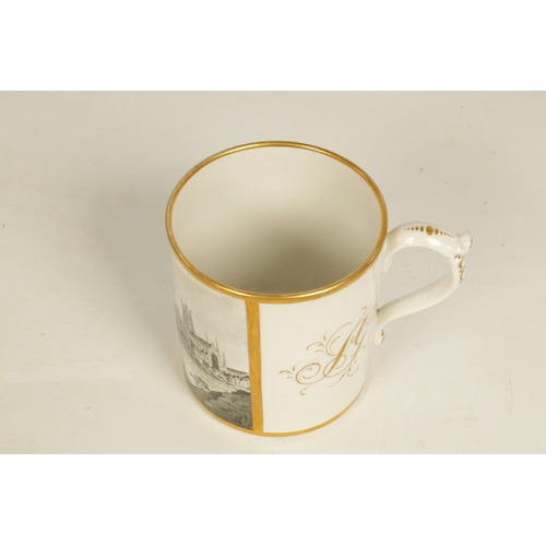 54 - AN EARLY 19TH CENTURY FLIGHT BARR AND BARR WORCESTER MUG the gilt edged body enclosing a sepia monoc... 