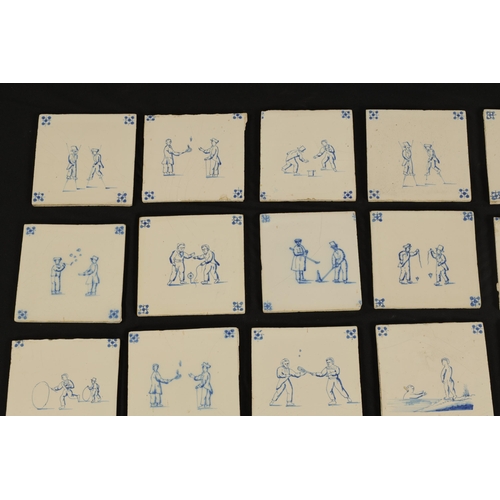 58 - A COLLECTION OF 39 BLUE AND WHITE DELFT TILES with differing figural decoration. (13cm square)