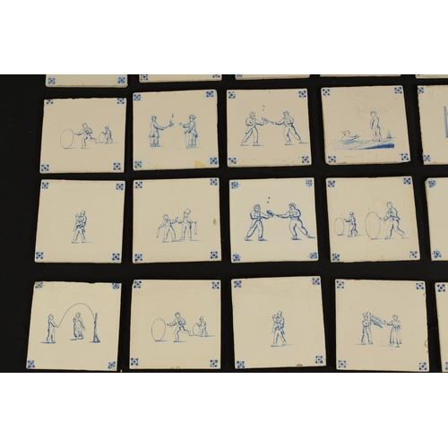 58 - A COLLECTION OF 39 BLUE AND WHITE DELFT TILES with differing figural decoration. (13cm square)