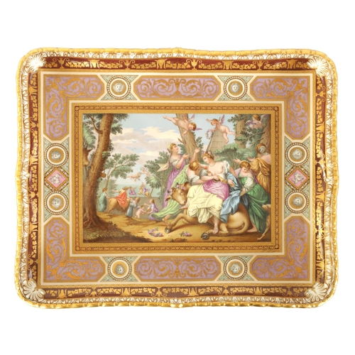 59 - A FINE 19TH CENTURY VIENNA PORCELAIN RECTANGULAR TRAY the gilt-edged raised shaped pierced gallery e... 