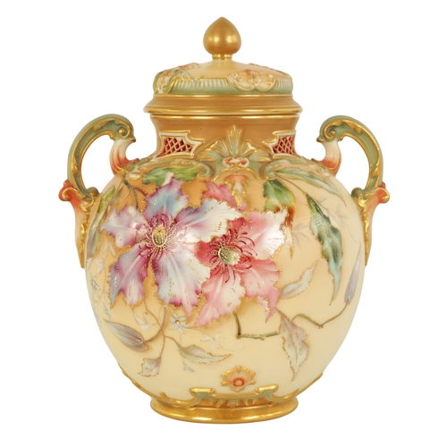 60 - A FINE ROYAL WORCESTER PORCELAIN POTPOURRI JAR AND COVER DECORATED WITH ENAMEL AND GILT EDGED FLORAL... 