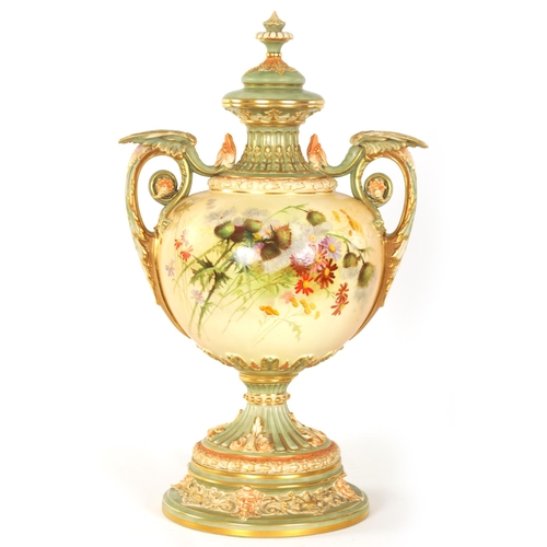 62 - A FINE ROYAL WORCESTER BLUSHED IVORY PEDESTAL VASE AND COVER of exceptional shape and design with re... 