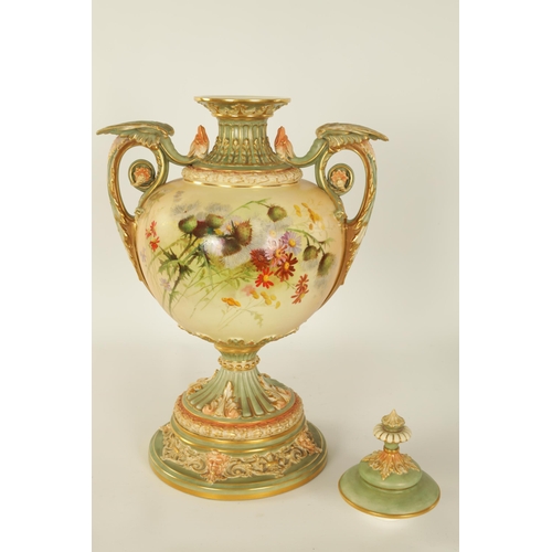 62 - A FINE ROYAL WORCESTER BLUSHED IVORY PEDESTAL VASE AND COVER of exceptional shape and design with re... 