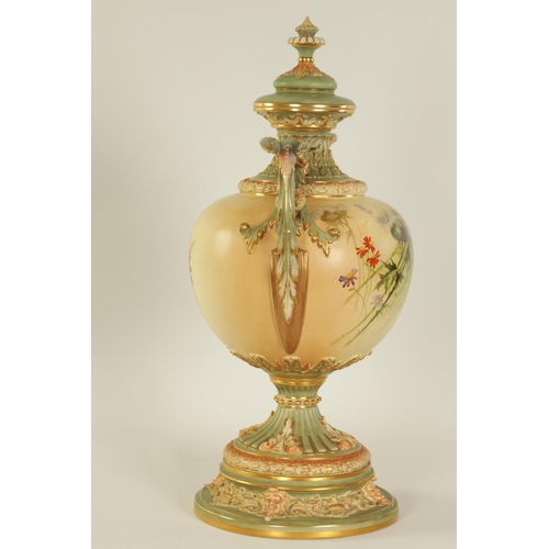 62 - A FINE ROYAL WORCESTER BLUSHED IVORY PEDESTAL VASE AND COVER of exceptional shape and design with re... 