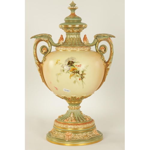 62 - A FINE ROYAL WORCESTER BLUSHED IVORY PEDESTAL VASE AND COVER of exceptional shape and design with re... 