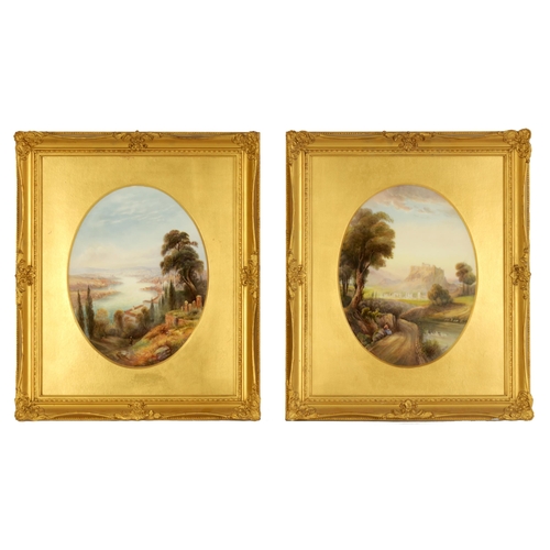 63 - RAYMOND RUSHTON. A FINE PAIR OF ROYAL WORCESTER GREEK AND TURKISH SCENES LARGE OVAL FRAMED PORCELAIN... 