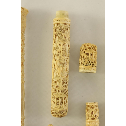 75 - A COLLECTION OF 19TH CENTURY CARVED CANTONESE IVORY ITEMS including two needle cases, seven parasol ... 