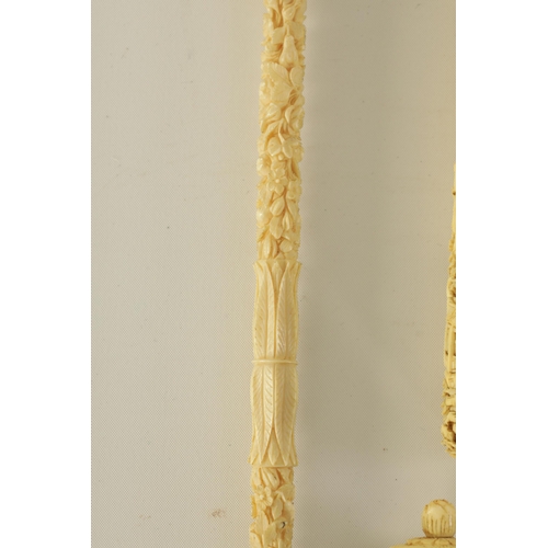 75 - A COLLECTION OF 19TH CENTURY CARVED CANTONESE IVORY ITEMS including two needle cases, seven parasol ... 