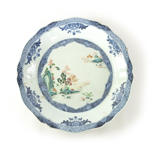 79 - AN 18TH CENTURY CHINESE BLUE AND WHITE SCALLOP EDGE DISH with hatched floral panelled border and inn... 