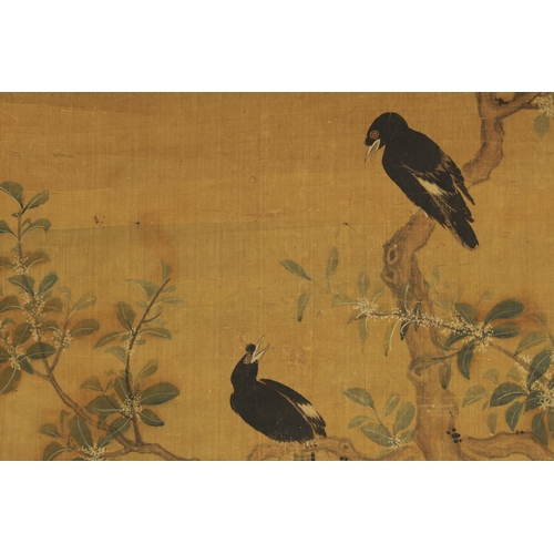 81 - 19TH CENTURY CHINESE WATERCOLOUR ON SILK PANEL depiciting birds perched in blossoming tree branches ... 