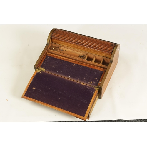 82 - A 19TH CENTURY ANGLO-INDIAN HARDWOOD WRITING SLOPE with brass mounted edges and ebony stringing, tam... 