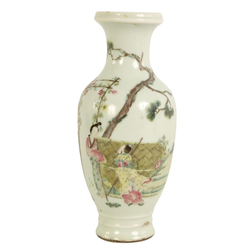 89 - A 19TH CENTURY CHINESE FAMILLE ROSE VASE OF SMALL SIZE depicting figures beneath a trellis - signed ... 