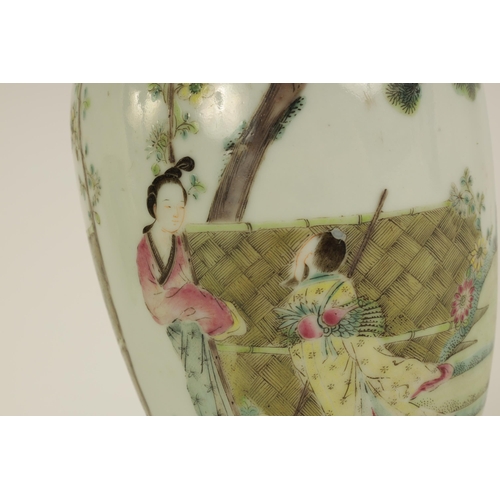 89 - A 19TH CENTURY CHINESE FAMILLE ROSE VASE OF SMALL SIZE depicting figures beneath a trellis - signed ... 