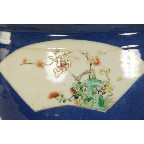 90 - A 19TH CENTURY CHINESE FAMILLE VERTE BULBOUS JARDINIERE decorated with floral panels on a blue groun... 