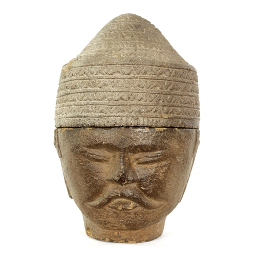 98 - A 19TH CENTURY CHINESE TERRACOTTA LIDDED JAR modelled as the head of a male Chinese figure, with det... 