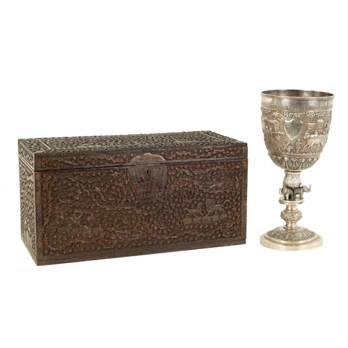 206 - AN IMPRESSIVE LATE 19TH/EARLY 20TH CENTURY ANGLO INDIAN SILVER TROPHY CUP IN A FITTED CARVED HARDWOO... 