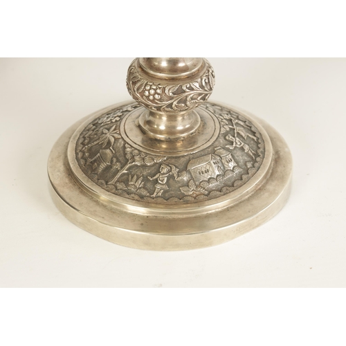 206 - AN IMPRESSIVE LATE 19TH/EARLY 20TH CENTURY ANGLO INDIAN SILVER TROPHY CUP IN A FITTED CARVED HARDWOO... 