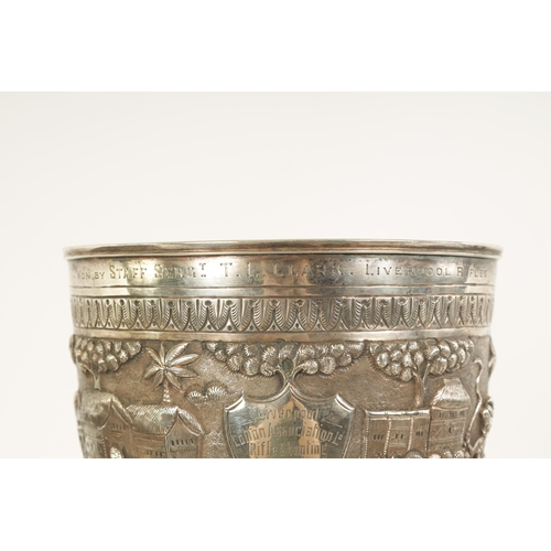 206 - AN IMPRESSIVE LATE 19TH/EARLY 20TH CENTURY ANGLO INDIAN SILVER TROPHY CUP IN A FITTED CARVED HARDWOO... 