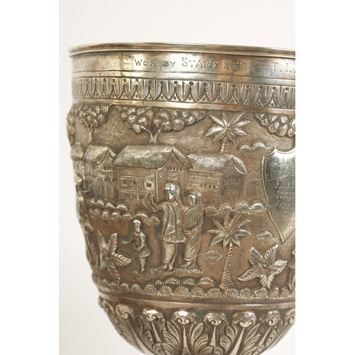 206 - AN IMPRESSIVE LATE 19TH/EARLY 20TH CENTURY ANGLO INDIAN SILVER TROPHY CUP IN A FITTED CARVED HARDWOO... 