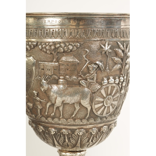 206 - AN IMPRESSIVE LATE 19TH/EARLY 20TH CENTURY ANGLO INDIAN SILVER TROPHY CUP IN A FITTED CARVED HARDWOO... 