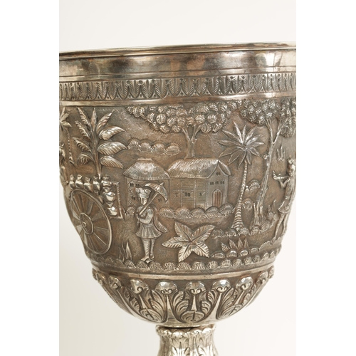 206 - AN IMPRESSIVE LATE 19TH/EARLY 20TH CENTURY ANGLO INDIAN SILVER TROPHY CUP IN A FITTED CARVED HARDWOO... 