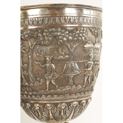 206 - AN IMPRESSIVE LATE 19TH/EARLY 20TH CENTURY ANGLO INDIAN SILVER TROPHY CUP IN A FITTED CARVED HARDWOO... 