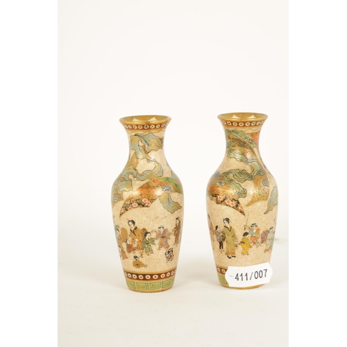 208 - A FINE PAIR OF MINIATURE JAPANESE MEIJI PERIOD SATSUMA VASES the slender ovoid bodies decorated with... 