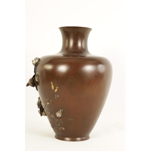 214 - A LARGE JAPANESE MEIJI PERIOD MIXED METAL PATINATED BRONZE VASE of tapering shouldered form with rel... 