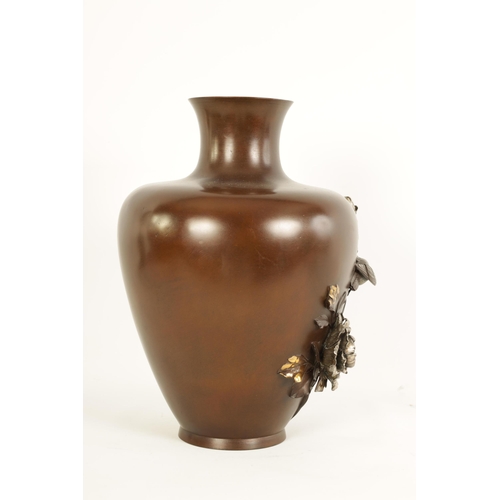 214 - A LARGE JAPANESE MEIJI PERIOD MIXED METAL PATINATED BRONZE VASE of tapering shouldered form with rel... 