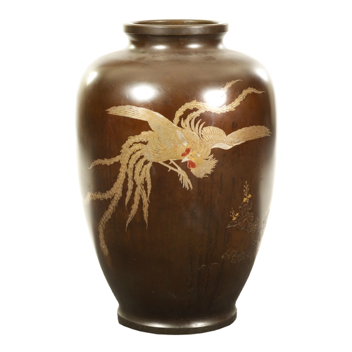 215 - A LARGE JAPANESE MEIJI PERIOD SILVER INLAID BRONZE VASE depicting a Cockeral - signed on reverse (61... 