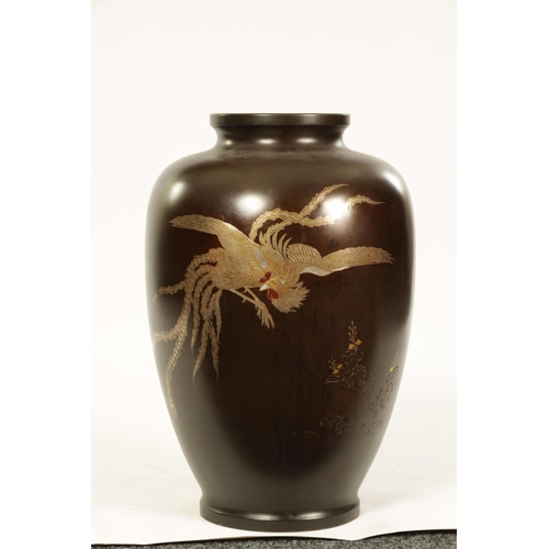 215 - A LARGE JAPANESE MEIJI PERIOD SILVER INLAID BRONZE VASE depicting a Cockeral - signed on reverse (61... 