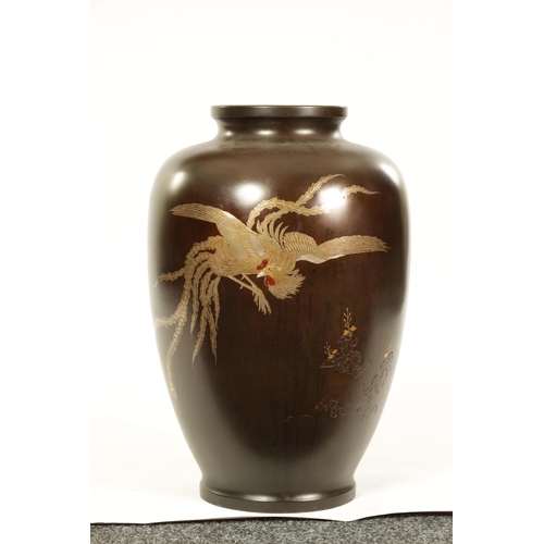 215 - A LARGE JAPANESE MEIJI PERIOD SILVER INLAID BRONZE VASE depicting a Cockeral - signed on reverse (61... 