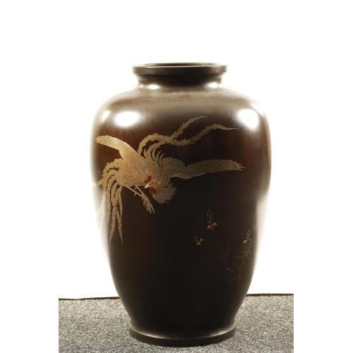 215 - A LARGE JAPANESE MEIJI PERIOD SILVER INLAID BRONZE VASE depicting a Cockeral - signed on reverse (61... 