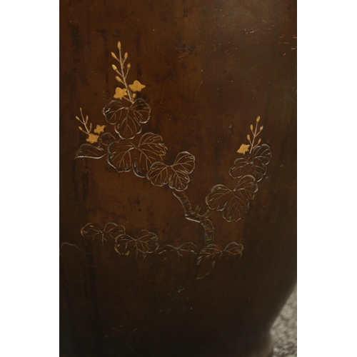 215 - A LARGE JAPANESE MEIJI PERIOD SILVER INLAID BRONZE VASE depicting a Cockeral - signed on reverse (61... 