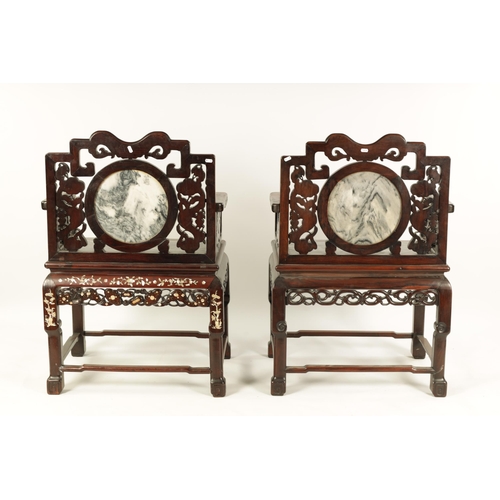 216 - A PAIR OF 19TH CENTURY MOTHER OF PEARL INLAID CHINESE HARDWOOD ARMCHAIRS inset with grey clouded mar... 