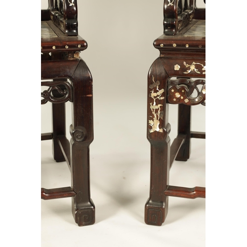 216 - A PAIR OF 19TH CENTURY MOTHER OF PEARL INLAID CHINESE HARDWOOD ARMCHAIRS inset with grey clouded mar... 