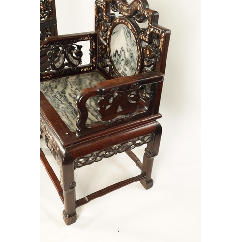 216 - A PAIR OF 19TH CENTURY MOTHER OF PEARL INLAID CHINESE HARDWOOD ARMCHAIRS inset with grey clouded mar... 