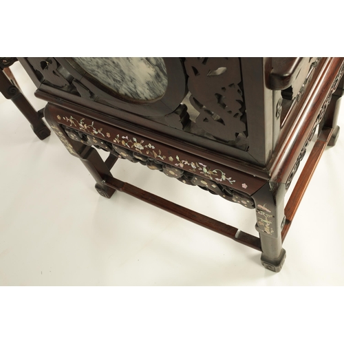 216 - A PAIR OF 19TH CENTURY MOTHER OF PEARL INLAID CHINESE HARDWOOD ARMCHAIRS inset with grey clouded mar... 