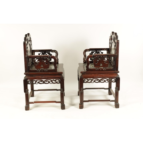 216 - A PAIR OF 19TH CENTURY MOTHER OF PEARL INLAID CHINESE HARDWOOD ARMCHAIRS inset with grey clouded mar... 