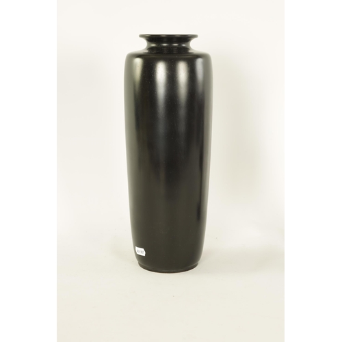 218 - A TALL JAPANESE MEIJI PERIOD SILVER INLAID BRONZE VASE of tapered cylindrical form with patinated bo... 