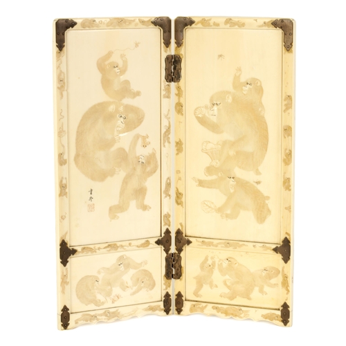 219 - A FINE JAPANESE MEIJI PERIOD CARVED IVORY FOLDING TABLE SCREEN DEPICITING MONKEYS with bronze shaped... 