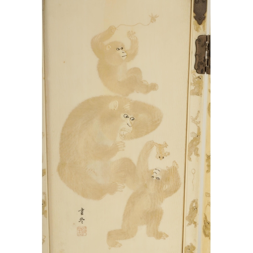 219 - A FINE JAPANESE MEIJI PERIOD CARVED IVORY FOLDING TABLE SCREEN DEPICITING MONKEYS with bronze shaped... 