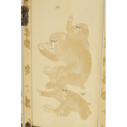 219 - A FINE JAPANESE MEIJI PERIOD CARVED IVORY FOLDING TABLE SCREEN DEPICITING MONKEYS with bronze shaped... 