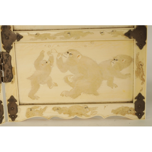 219 - A FINE JAPANESE MEIJI PERIOD CARVED IVORY FOLDING TABLE SCREEN DEPICITING MONKEYS with bronze shaped... 