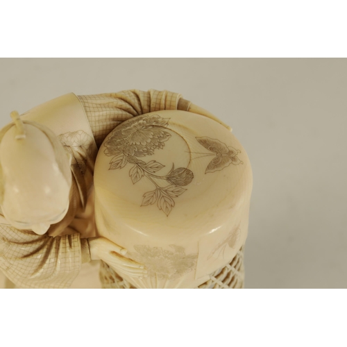 221 - A FINE JAPANESE MEIJI PERIOD TOKYO SCHOOL CARVED IVORY OKIMONO depicting a farmer and chickens with ... 